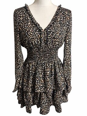Altar’d State Women's Black and Tan Smocked Waist Tiered Long-Sleeve Dress